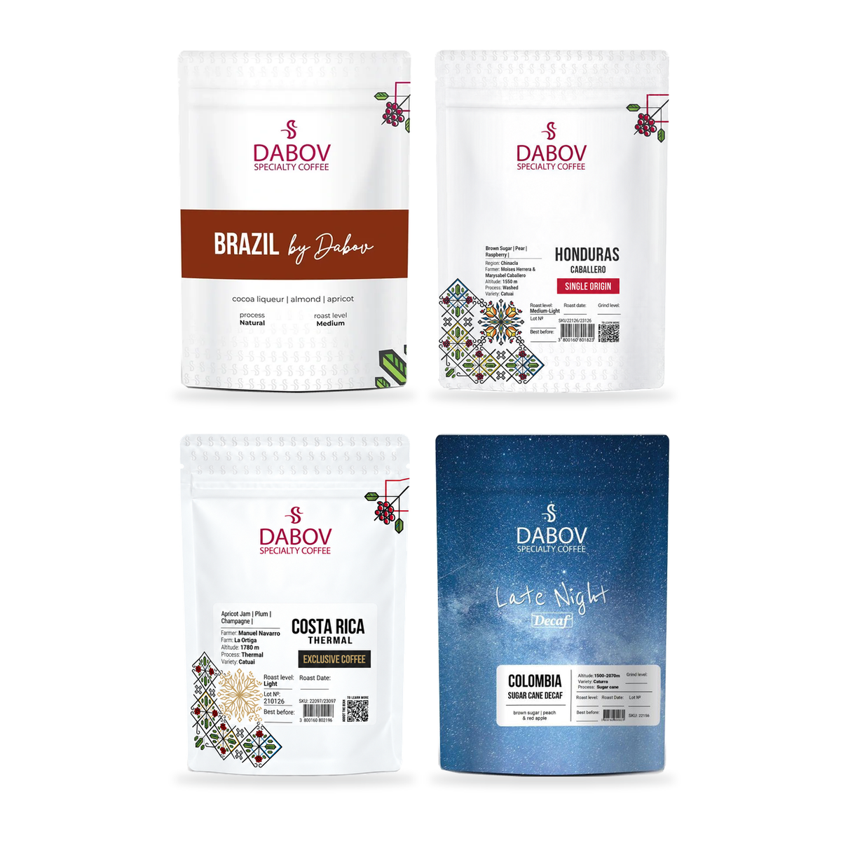 Brazil, Honduras, Costa Rica ve Late Night Decaf dörtlü kahve seti — 4 × 200,8 g